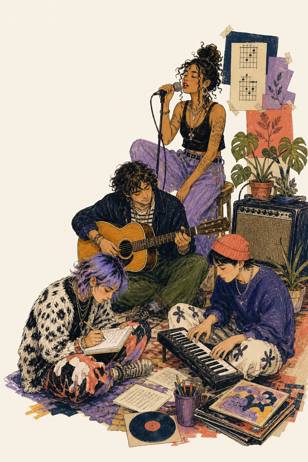 Four eclectic musicians writing and playing together among lyric pages, records, plants, and instruments.